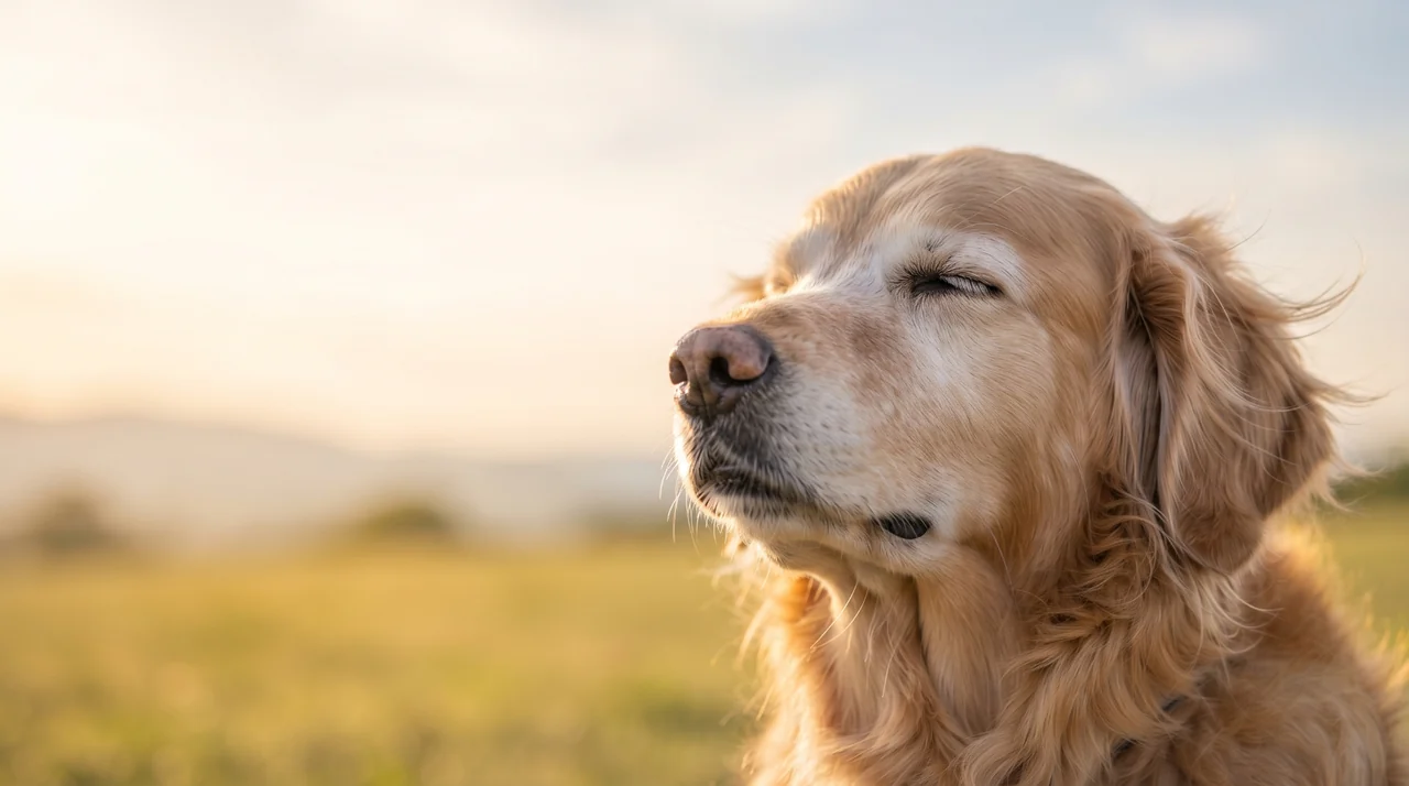 Gros plan d'un Golden Retriever senior, yeux fermés, profitant du vent au soleil couchant