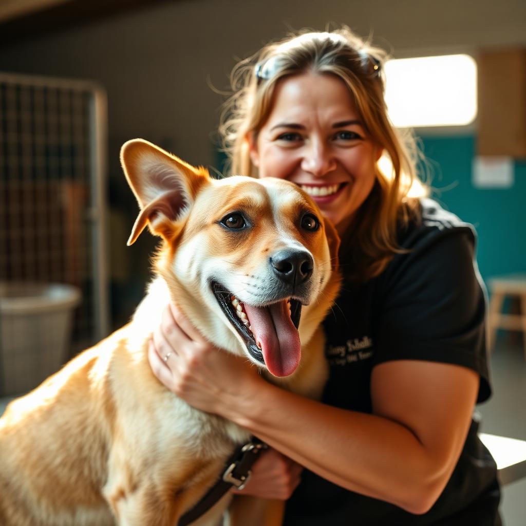 Bénévole serrant dans ses bras un vieux chien heureux