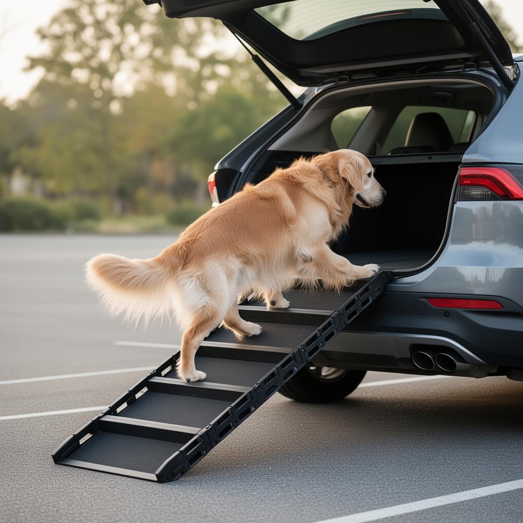 Chien senior montant dans le coffre d'un SUV grâce à un escalier pliable
