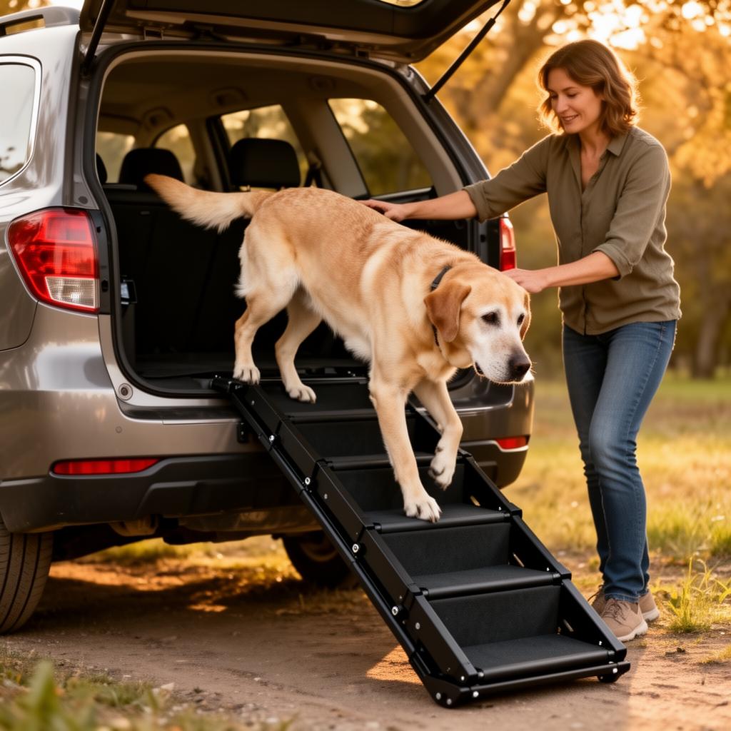 Chien senior descendant d'un SUV en confiance sur un escalier pliable Pattoune